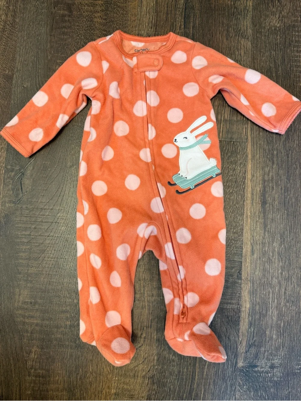 Carter's Coral Polka Dot Bunny Fleece Footed One-Piece
